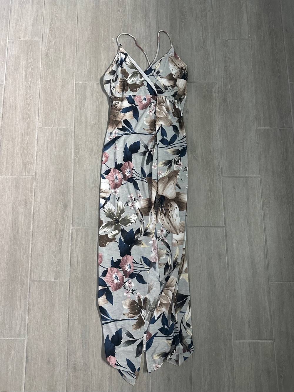 Glare Floral Maxi Slip Dress with Spaghetti Straps - Gray/Pink/Navy